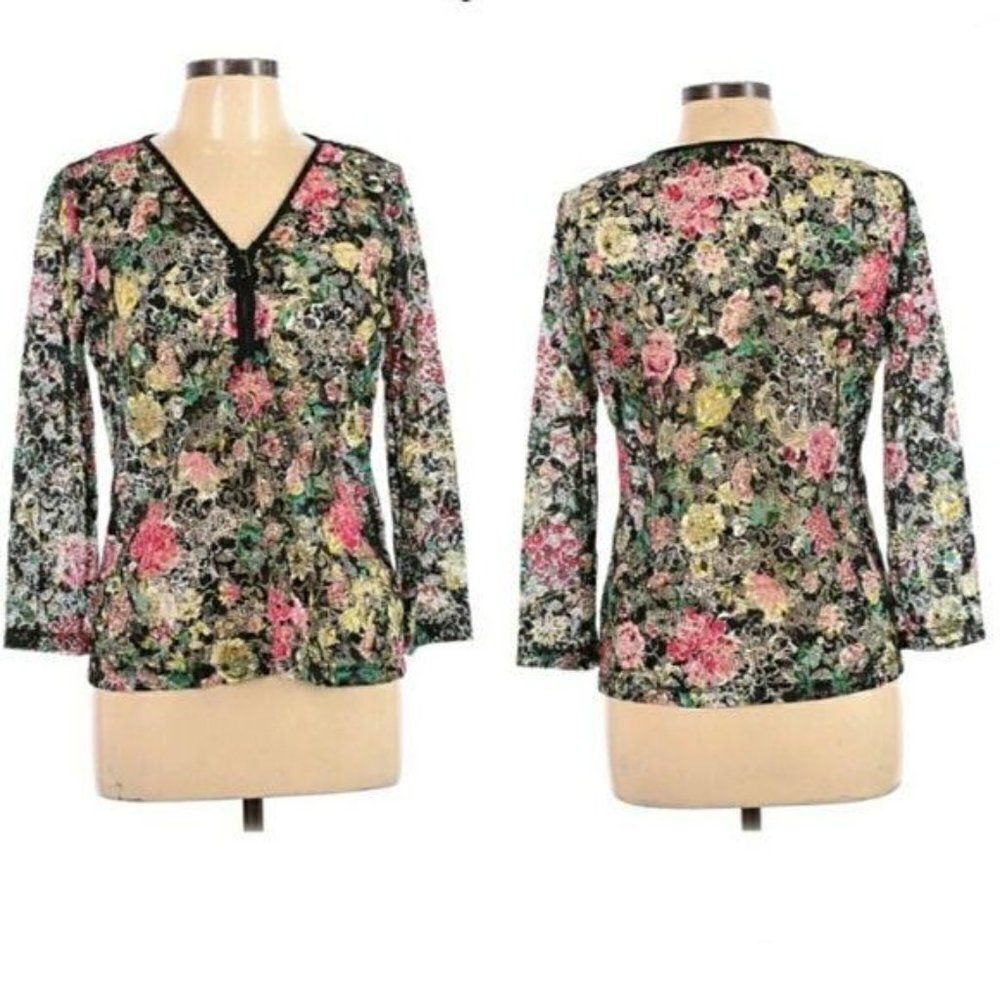 Julio Top Long Sleeve Pullover Net Mesh 3/4 Zip Pullover Lace Floral Print Sz 10